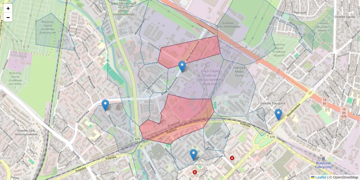 Szczegółowa mapa kodu pocztowego 15-104 z granicami, sąsiednimi kodami pocztowymi i urzędami pocztowymi