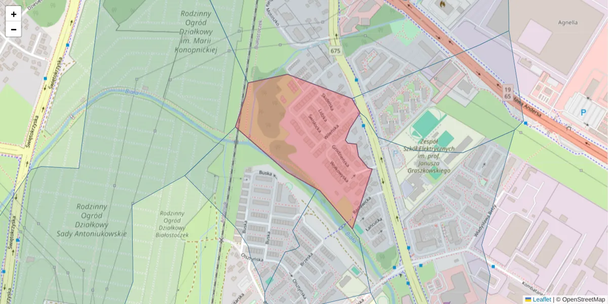 Szczegółowa mapa kodu pocztowego 15-107 z granicami, sąsiednimi kodami pocztowymi i urzędami pocztowymi