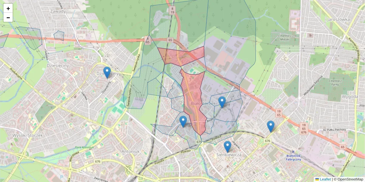 Szczegółowa mapa kodu pocztowego 15-111 z granicami, sąsiednimi kodami pocztowymi i urzędami pocztowymi