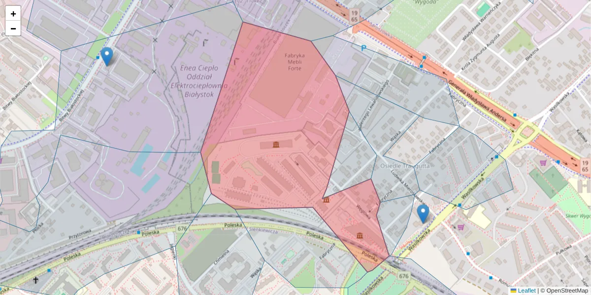 Szczegółowa mapa kodu pocztowego 15-121 z granicami, sąsiednimi kodami pocztowymi i urzędami pocztowymi