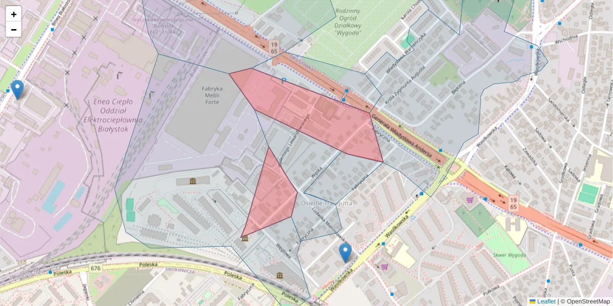 Szczegółowa mapa kodu pocztowego 15-122 z granicami, sąsiednimi kodami pocztowymi i urzędami pocztowymi