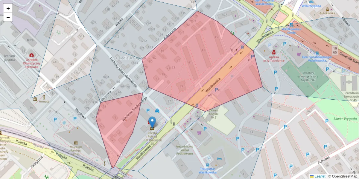 Szczegółowa mapa kodu pocztowego 15-125 z granicami, sąsiednimi kodami pocztowymi i urzędami pocztowymi