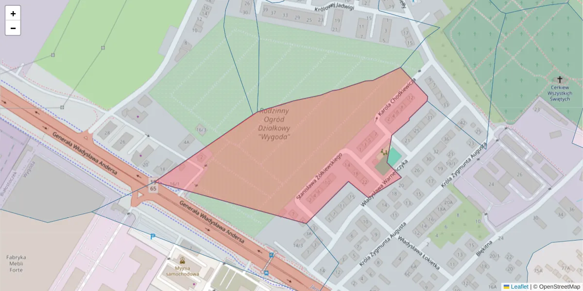 Szczegółowa mapa kodu pocztowego 15-134 z granicami, sąsiednimi kodami pocztowymi i urzędami pocztowymi