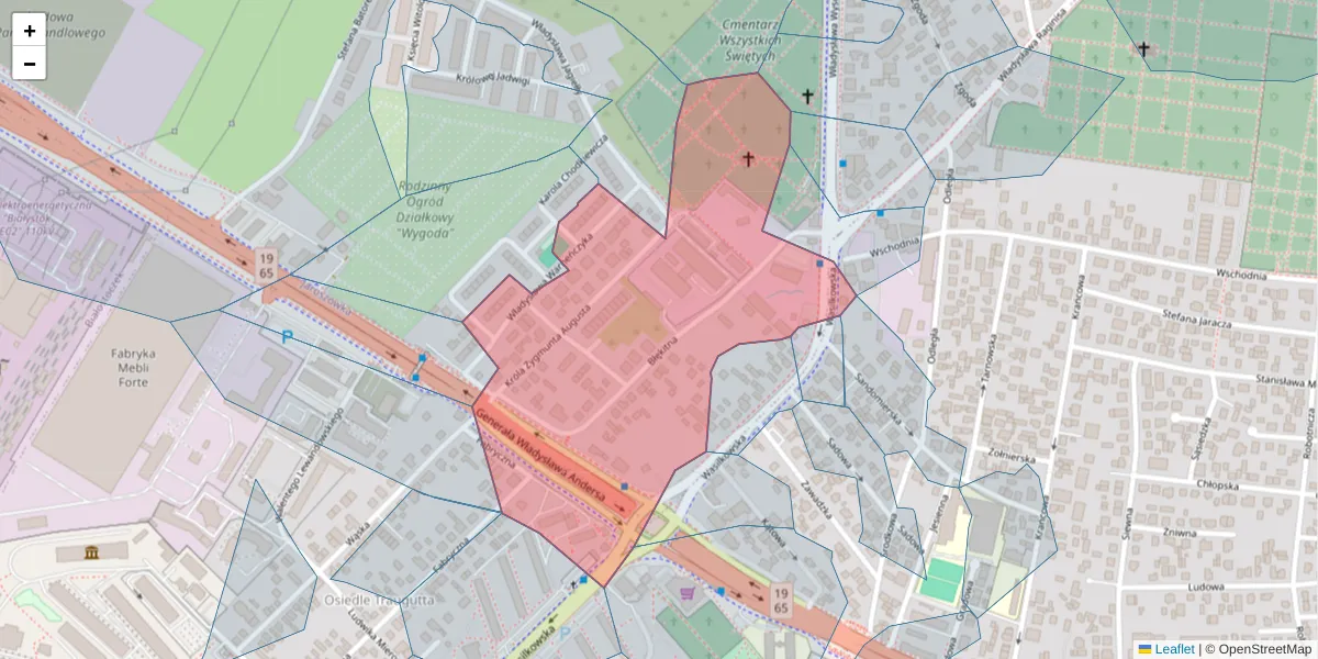 Szczegółowa mapa kodu pocztowego 15-136 z granicami, sąsiednimi kodami pocztowymi i urzędami pocztowymi