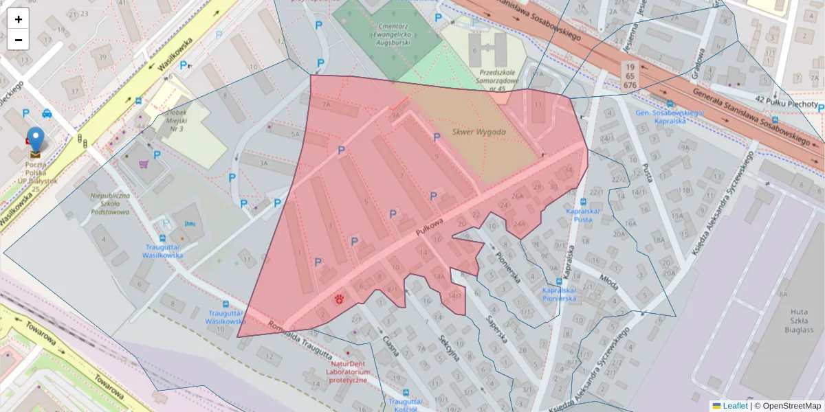 Szczegółowa mapa kodu pocztowego 15-143 z granicami, sąsiednimi kodami pocztowymi i urzędami pocztowymi