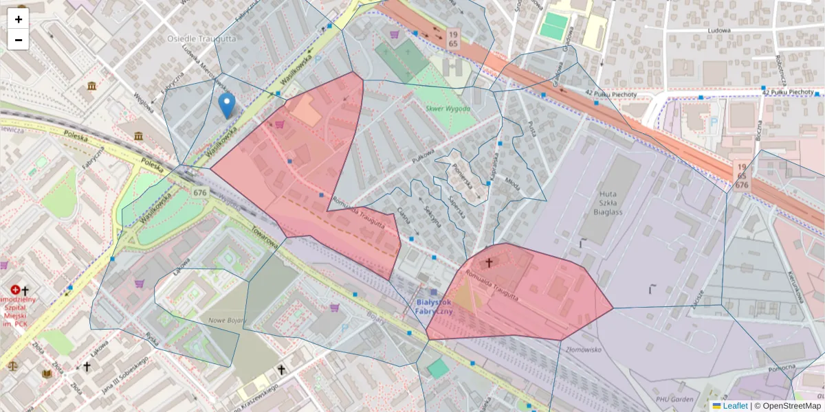Szczegółowa mapa kodu pocztowego 15-145 z granicami, sąsiednimi kodami pocztowymi i urzędami pocztowymi