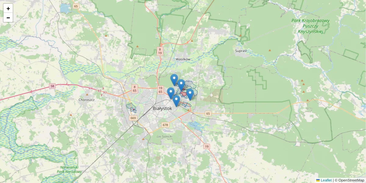 Szczegółowa mapa kodu pocztowego 15-166 z granicami, sąsiednimi kodami pocztowymi i urzędami pocztowymi