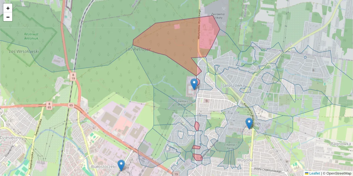 Szczegółowa mapa kodu pocztowego 15-167 z granicami, sąsiednimi kodami pocztowymi i urzędami pocztowymi