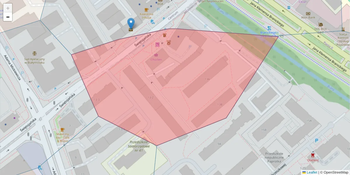 Szczegółowa mapa kodu pocztowego 15-219 z granicami, sąsiednimi kodami pocztowymi i urzędami pocztowymi