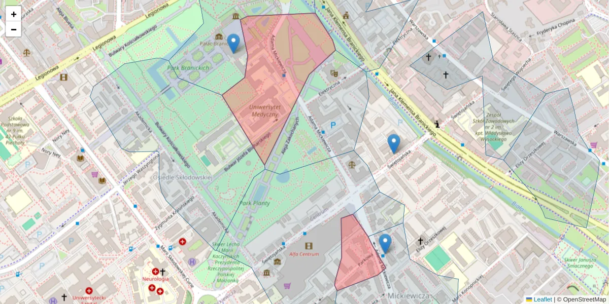 Szczegółowa mapa kodu pocztowego 15-222 z granicami, sąsiednimi kodami pocztowymi i urzędami pocztowymi