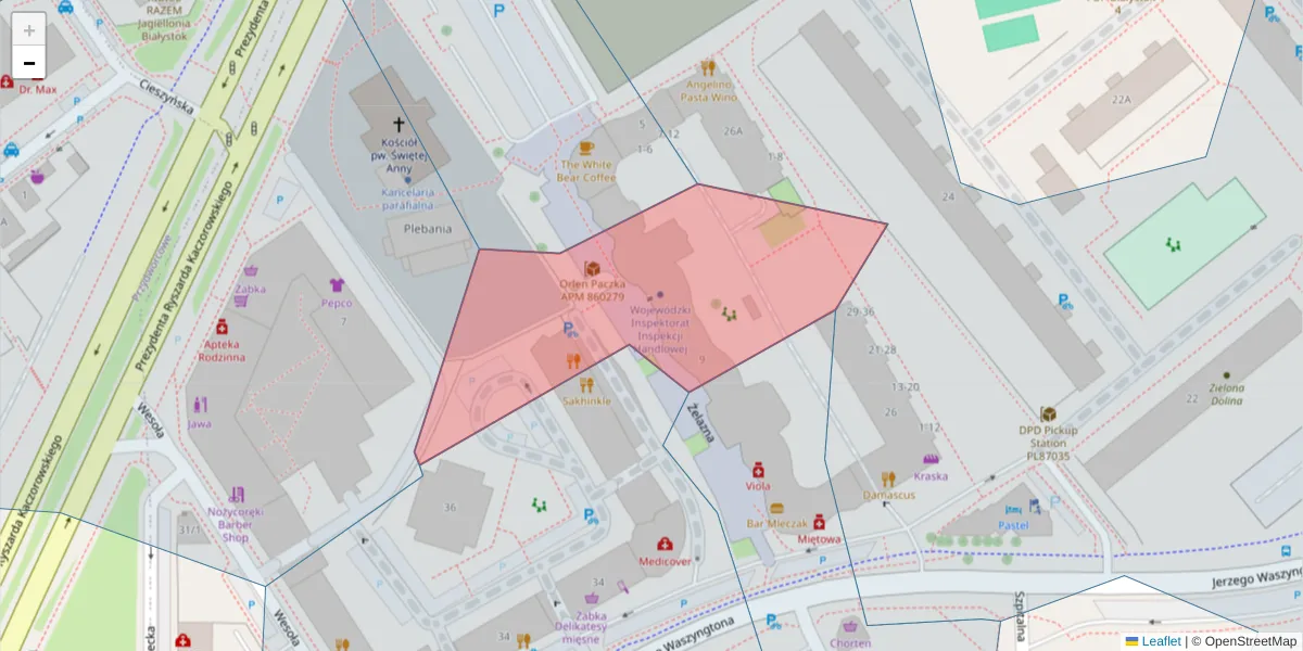 Szczegółowa mapa kodu pocztowego 15-229 z granicami, sąsiednimi kodami pocztowymi i urzędami pocztowymi
