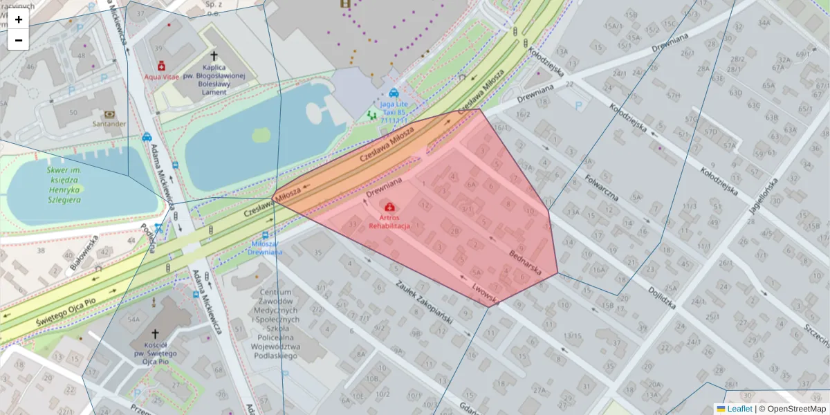 Szczegółowa mapa kodu pocztowego 15-253 z granicami, sąsiednimi kodami pocztowymi i urzędami pocztowymi
