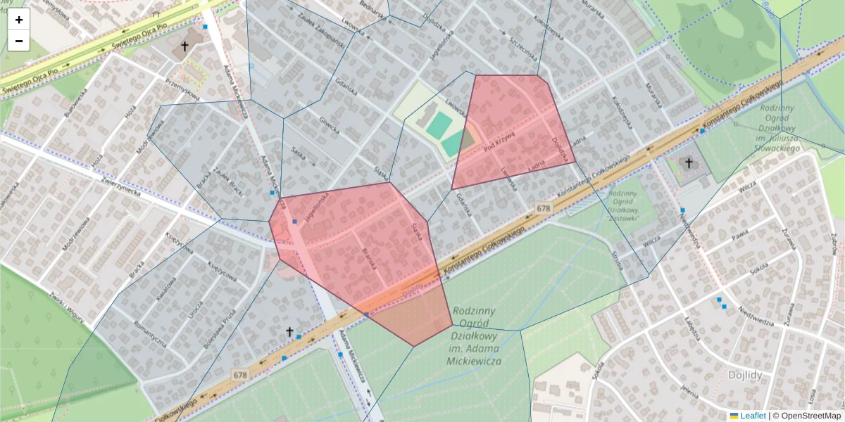 Szczegółowa mapa kodu pocztowego 15-258 z granicami, sąsiednimi kodami pocztowymi i urzędami pocztowymi