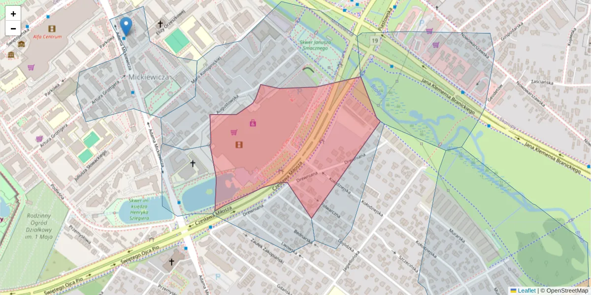 Szczegółowa mapa kodu pocztowego 15-265 z granicami, sąsiednimi kodami pocztowymi i urzędami pocztowymi