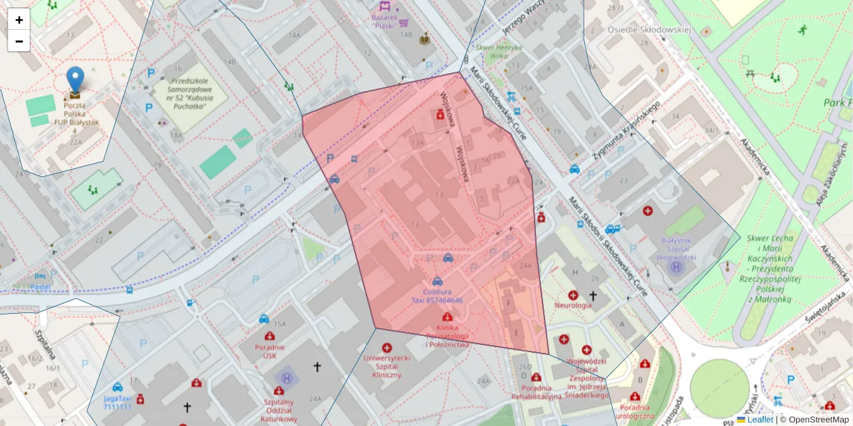 Szczegółowa mapa kodu pocztowego 15-270 z granicami, sąsiednimi kodami pocztowymi i urzędami pocztowymi
