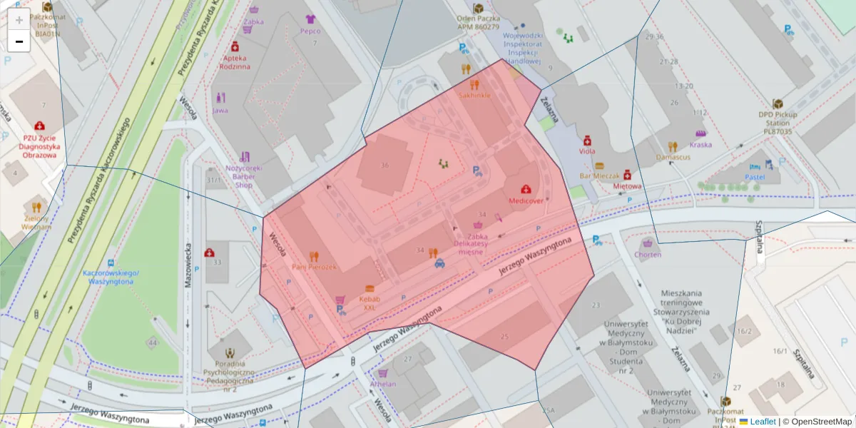 Szczegółowa mapa kodu pocztowego 15-304 z granicami, sąsiednimi kodami pocztowymi i urzędami pocztowymi