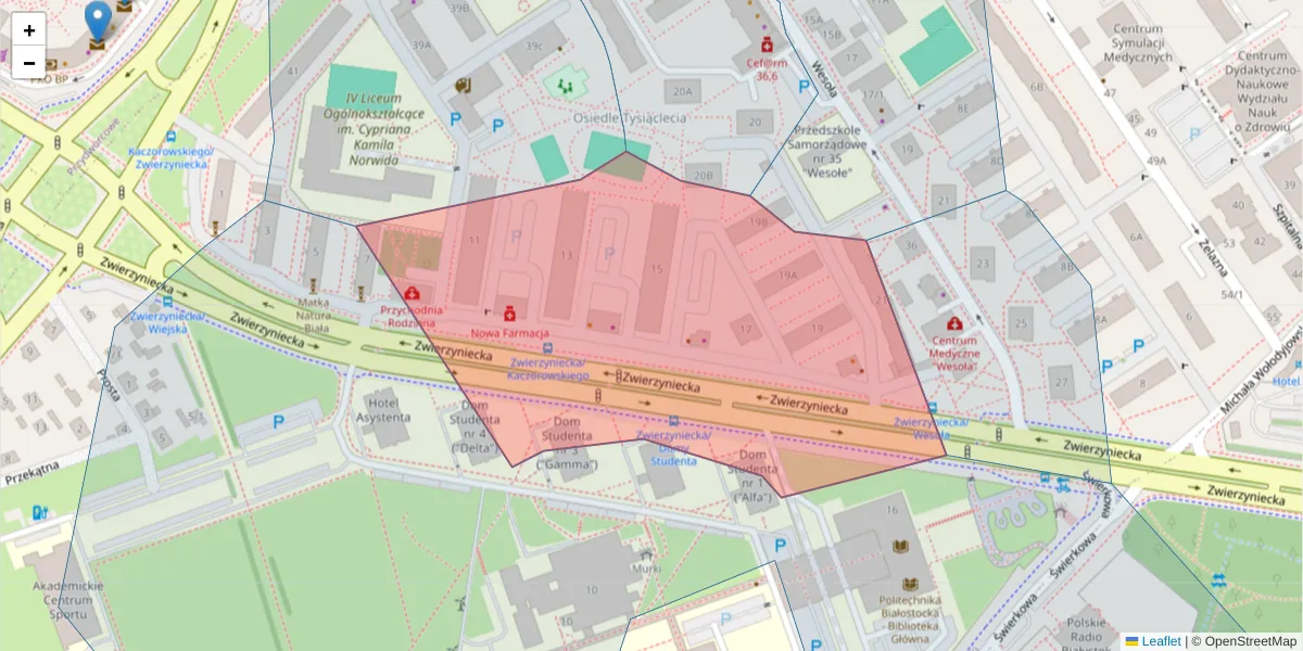 Szczegółowa mapa kodu pocztowego 15-312 z granicami, sąsiednimi kodami pocztowymi i urzędami pocztowymi