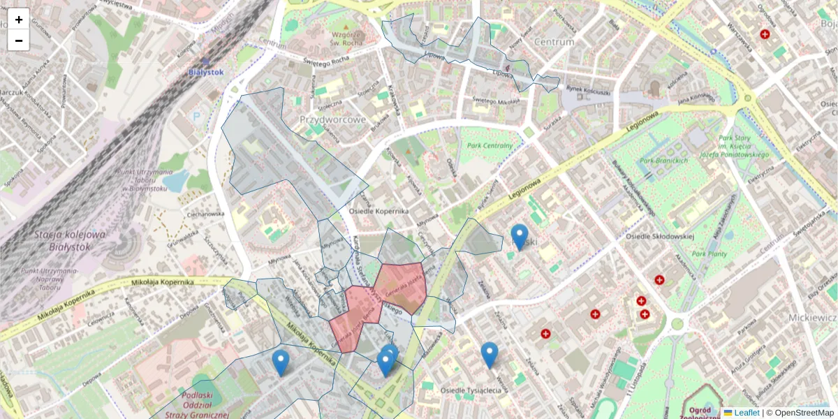 Szczegółowa mapa kodu pocztowego 15-369 z granicami, sąsiednimi kodami pocztowymi i urzędami pocztowymi