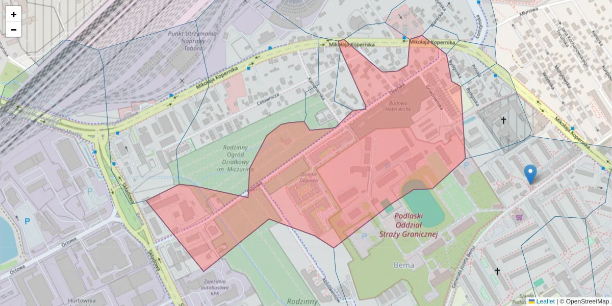 Szczegółowa mapa kodu pocztowego 15-381 z granicami, sąsiednimi kodami pocztowymi i urzędami pocztowymi