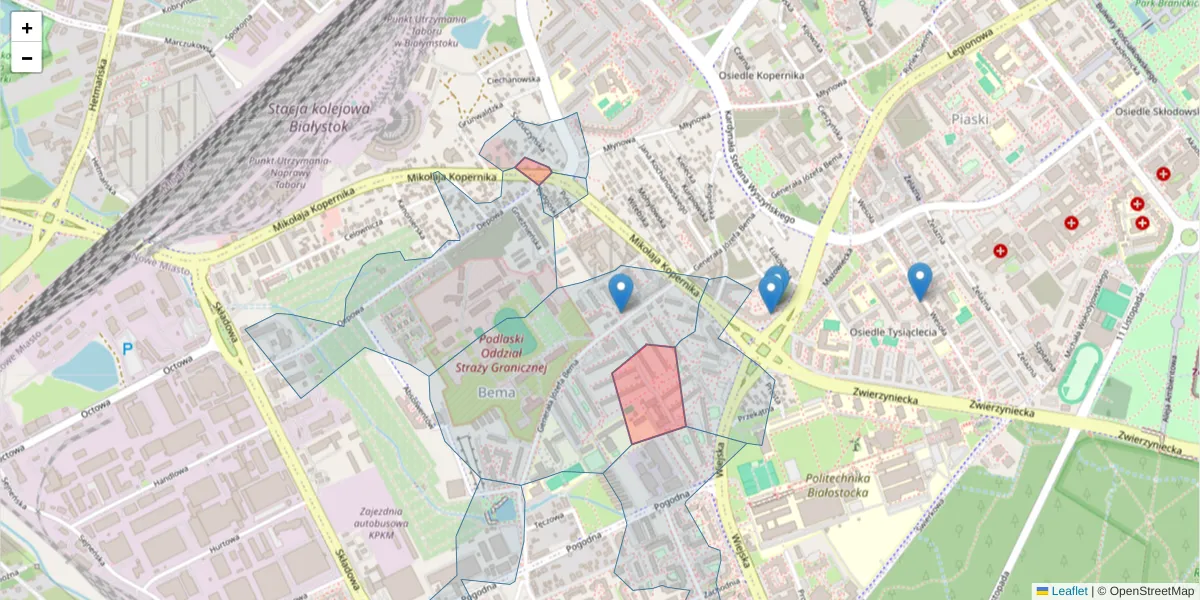 Szczegółowa mapa kodu pocztowego 15-397 z granicami, sąsiednimi kodami pocztowymi i urzędami pocztowymi