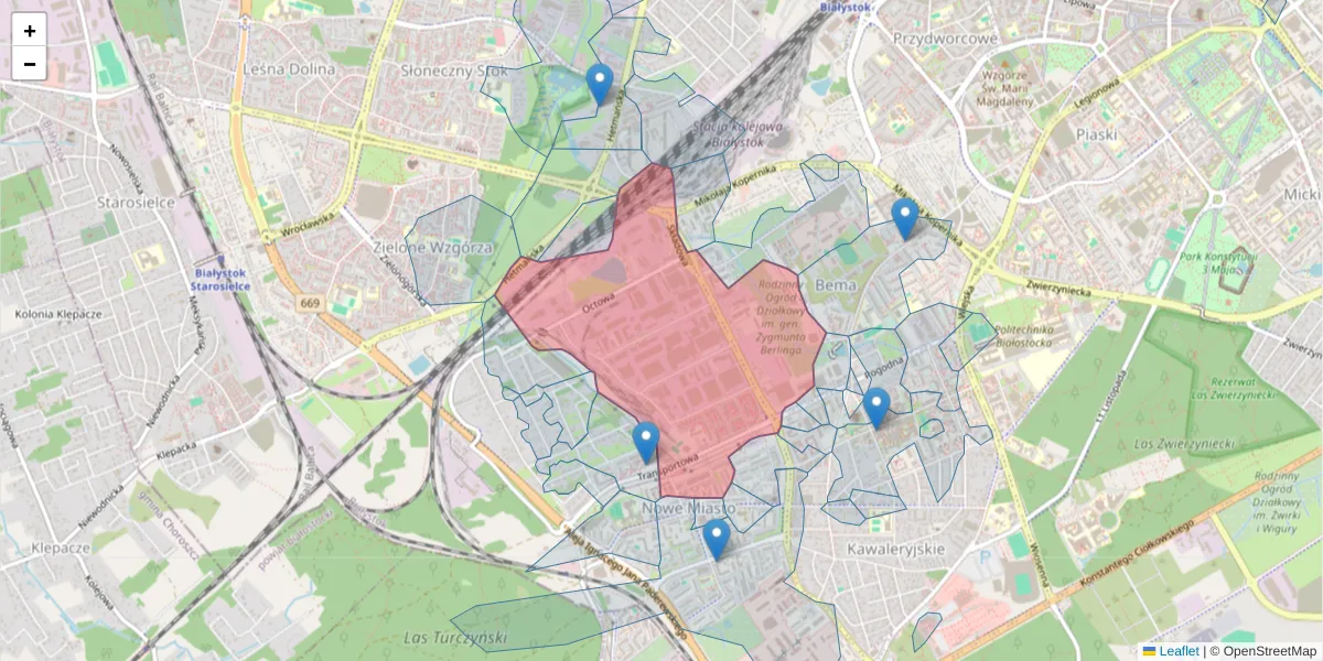 Szczegółowa mapa kodu pocztowego 15-399 z granicami, sąsiednimi kodami pocztowymi i urzędami pocztowymi