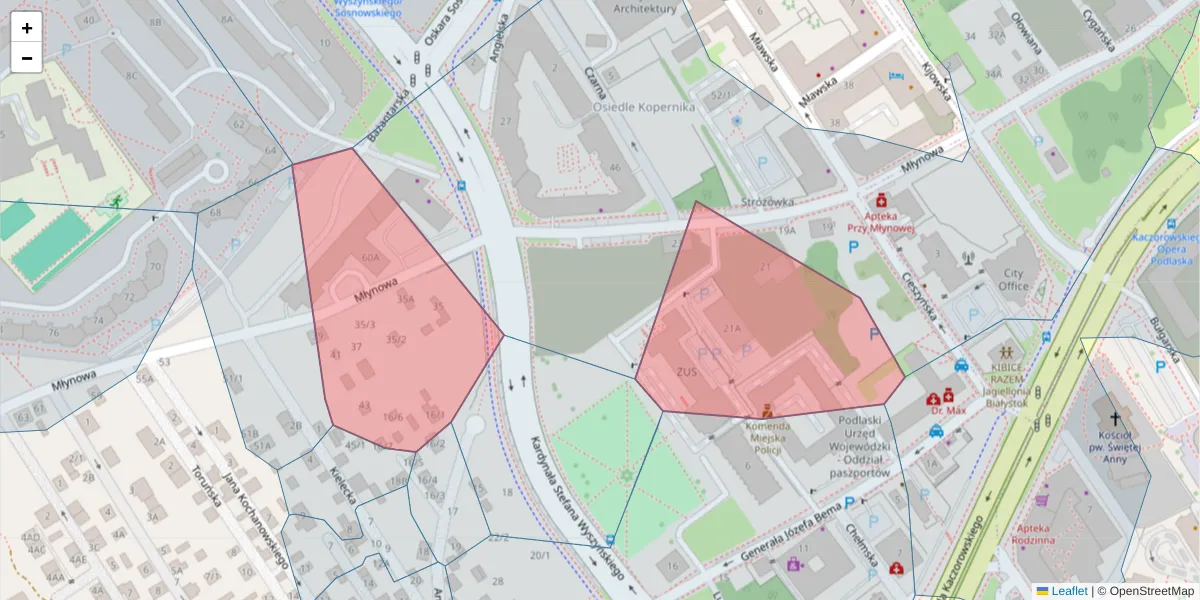 Szczegółowa mapa kodu pocztowego 15-405 z granicami, sąsiednimi kodami pocztowymi i urzędami pocztowymi