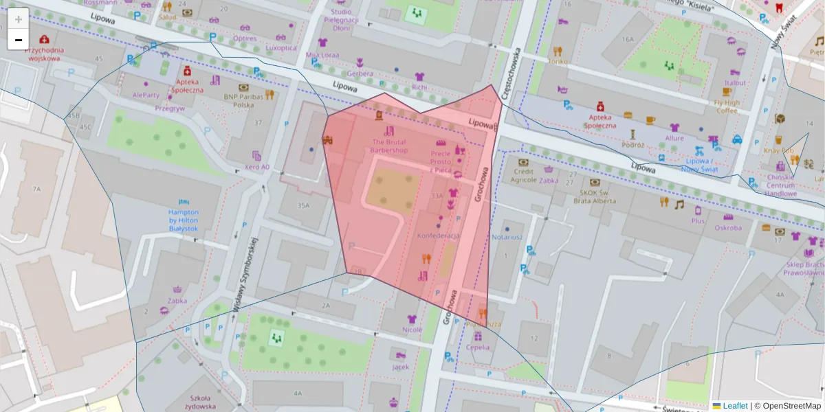 Szczegółowa mapa kodu pocztowego 15-421 z granicami, sąsiednimi kodami pocztowymi i urzędami pocztowymi
