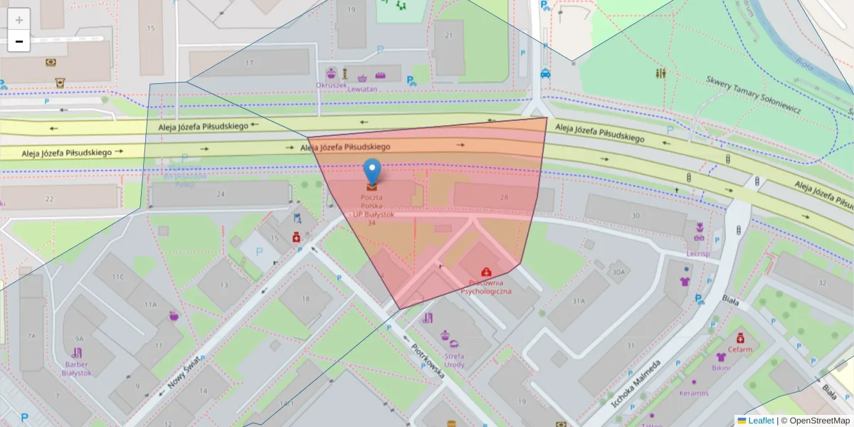 Szczegółowa mapa kodu pocztowego 15-447 z granicami, sąsiednimi kodami pocztowymi i urzędami pocztowymi