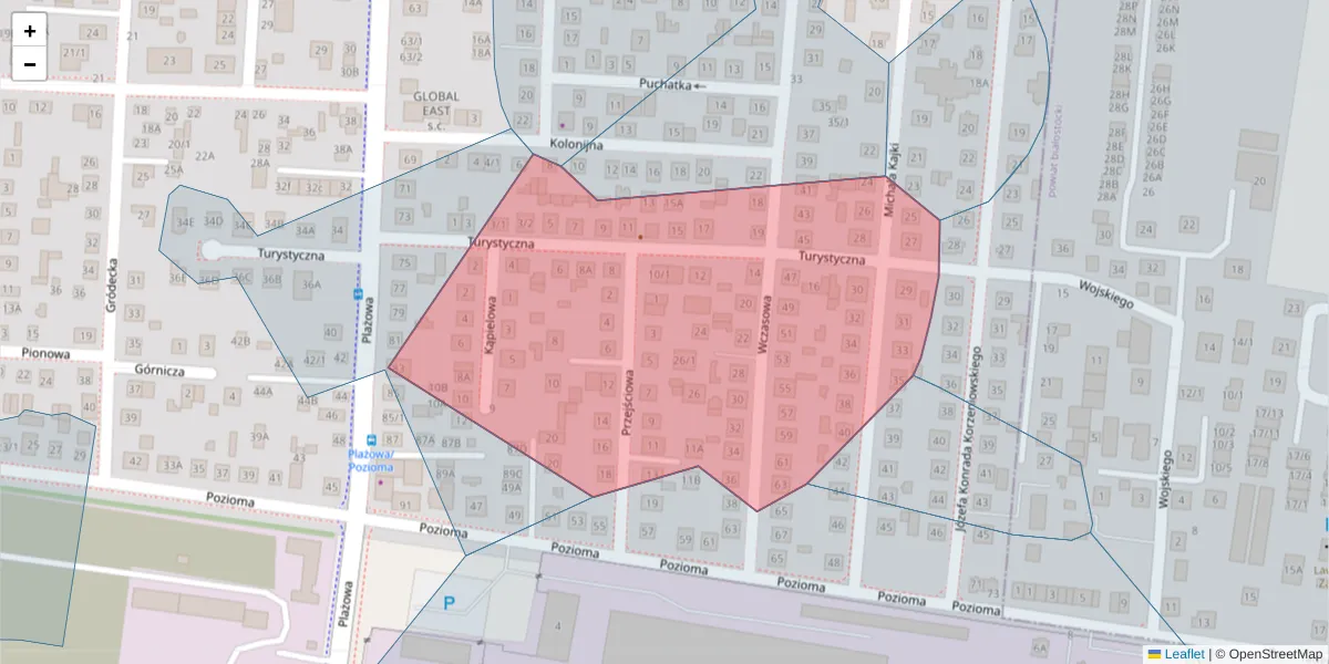 Szczegółowa mapa kodu pocztowego 15-503 z granicami, sąsiednimi kodami pocztowymi i urzędami pocztowymi