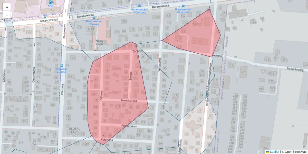 Szczegółowa mapa kodu pocztowego 15-506 z granicami, sąsiednimi kodami pocztowymi i urzędami pocztowymi
