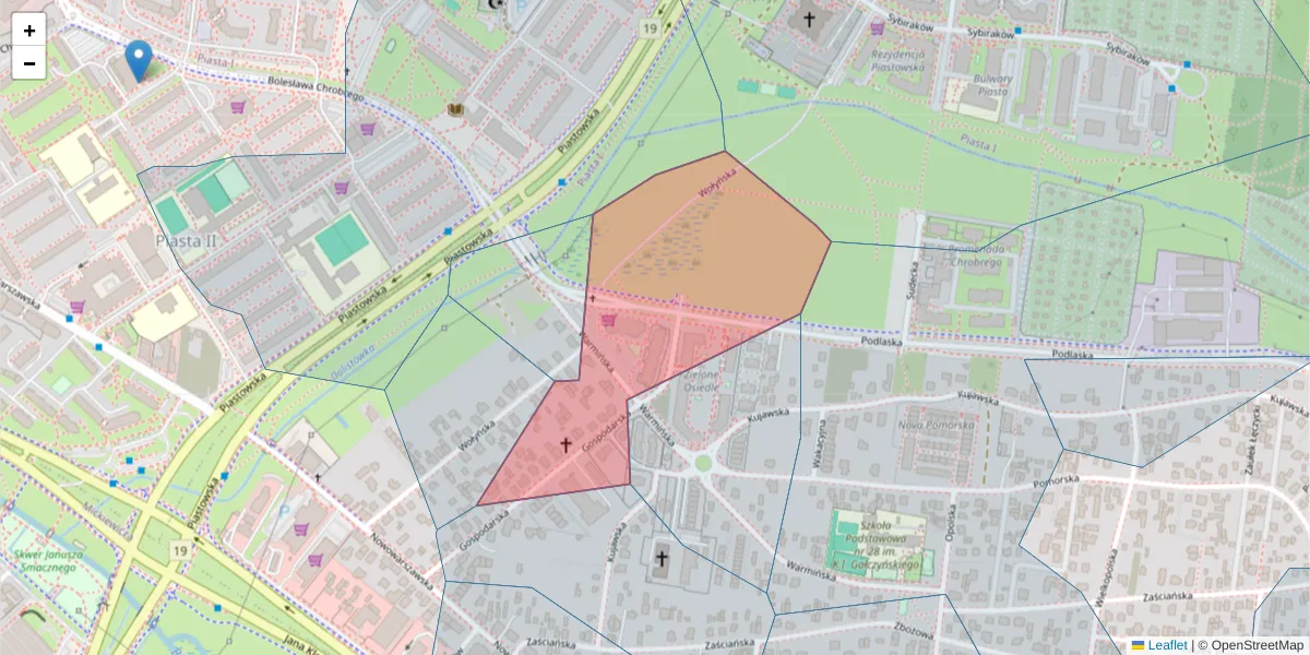 Szczegółowa mapa kodu pocztowego 15-553 z granicami, sąsiednimi kodami pocztowymi i urzędami pocztowymi