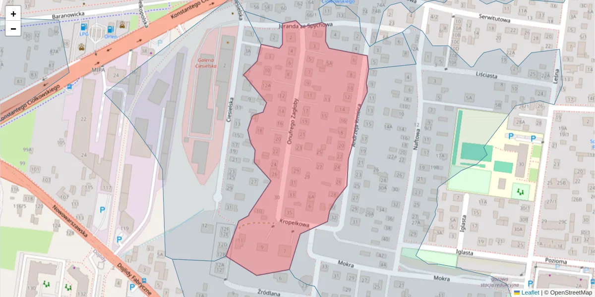 Szczegółowa mapa kodu pocztowego 15-564 z granicami, sąsiednimi kodami pocztowymi i urzędami pocztowymi