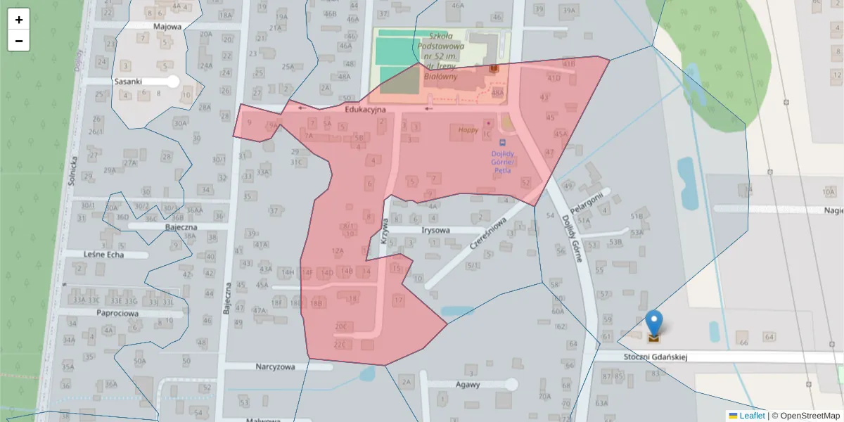 Szczegółowa mapa kodu pocztowego 15-579 z granicami, sąsiednimi kodami pocztowymi i urzędami pocztowymi