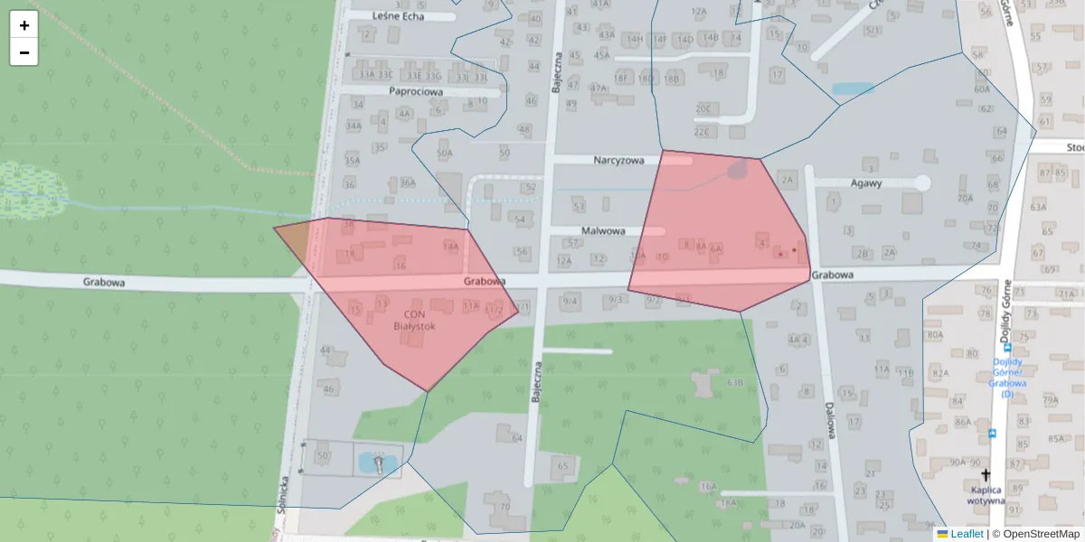 Szczegółowa mapa kodu pocztowego 15-582 z granicami, sąsiednimi kodami pocztowymi i urzędami pocztowymi