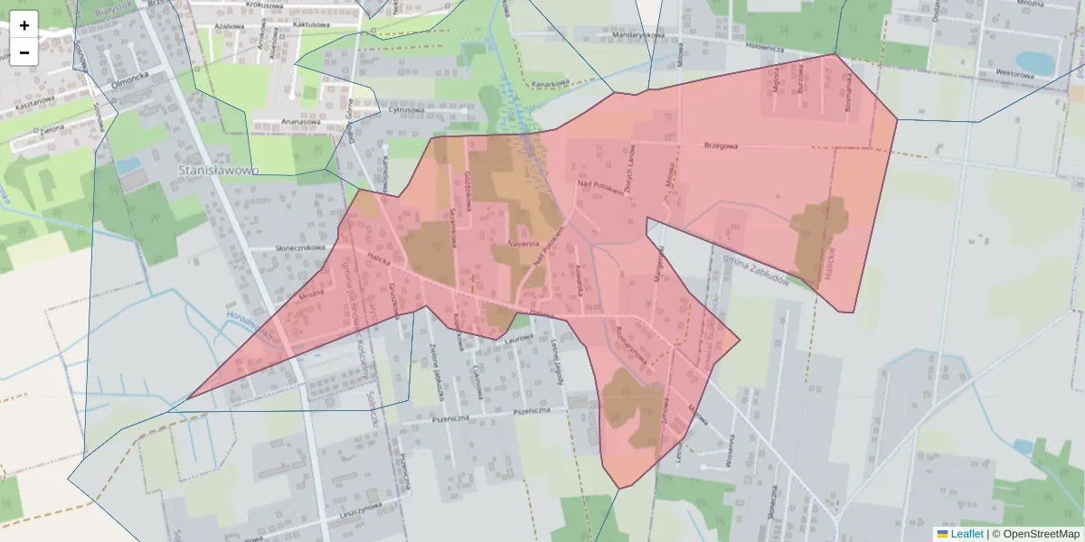 Szczegółowa mapa kodu pocztowego 15-594 z granicami, sąsiednimi kodami pocztowymi i urzędami pocztowymi