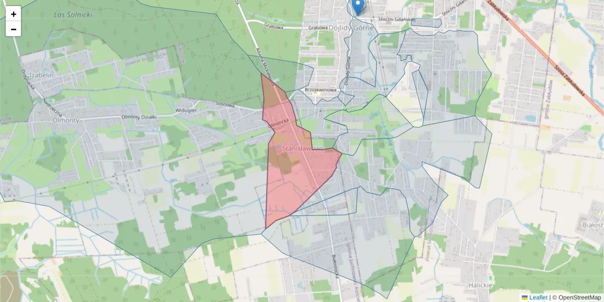 Szczegółowa mapa kodu pocztowego 15-604 z granicami, sąsiednimi kodami pocztowymi i urzędami pocztowymi