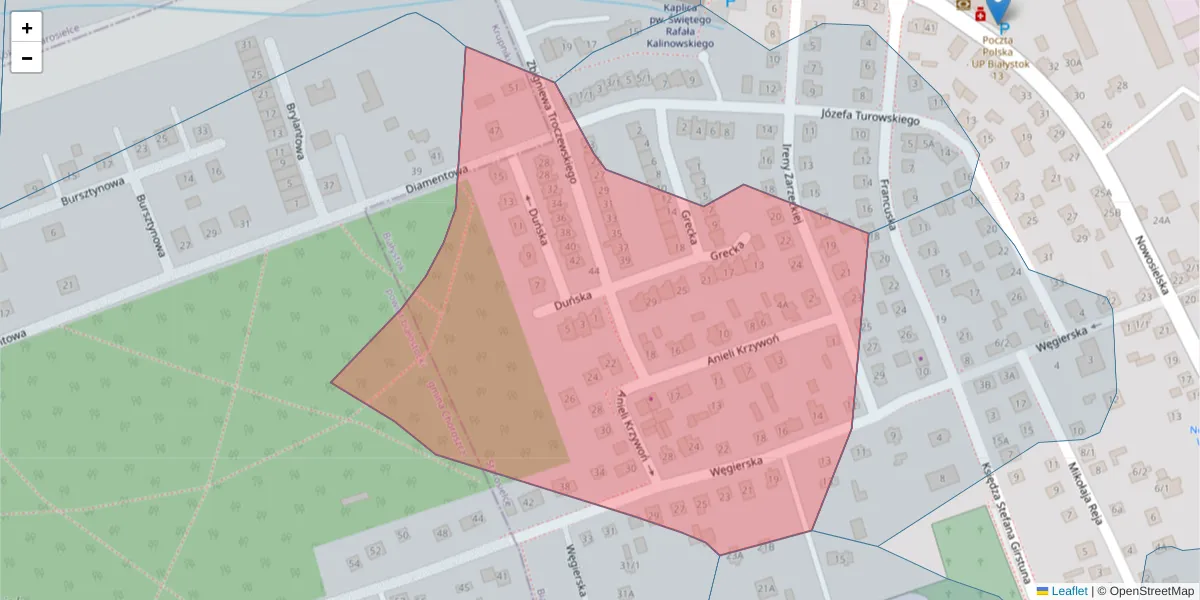 Szczegółowa mapa kodu pocztowego 15-614 z granicami, sąsiednimi kodami pocztowymi i urzędami pocztowymi