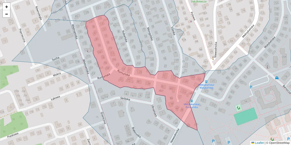 Szczegółowa mapa kodu pocztowego 15-627 z granicami, sąsiednimi kodami pocztowymi i urzędami pocztowymi