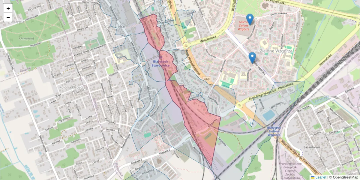 Szczegółowa mapa kodu pocztowego 15-640 z granicami, sąsiednimi kodami pocztowymi i urzędami pocztowymi