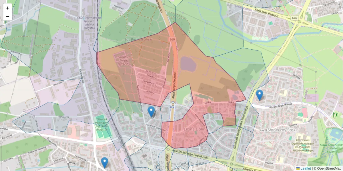 Szczegółowa mapa kodu pocztowego 15-666 z granicami, sąsiednimi kodami pocztowymi i urzędami pocztowymi