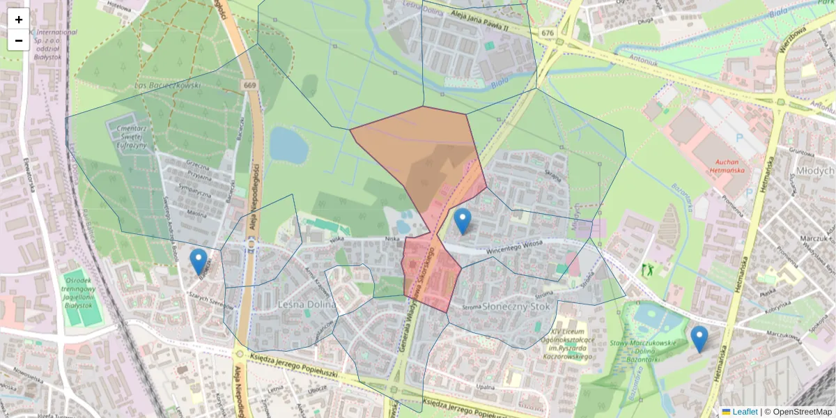 Szczegółowa mapa kodu pocztowego 15-667 z granicami, sąsiednimi kodami pocztowymi i urzędami pocztowymi