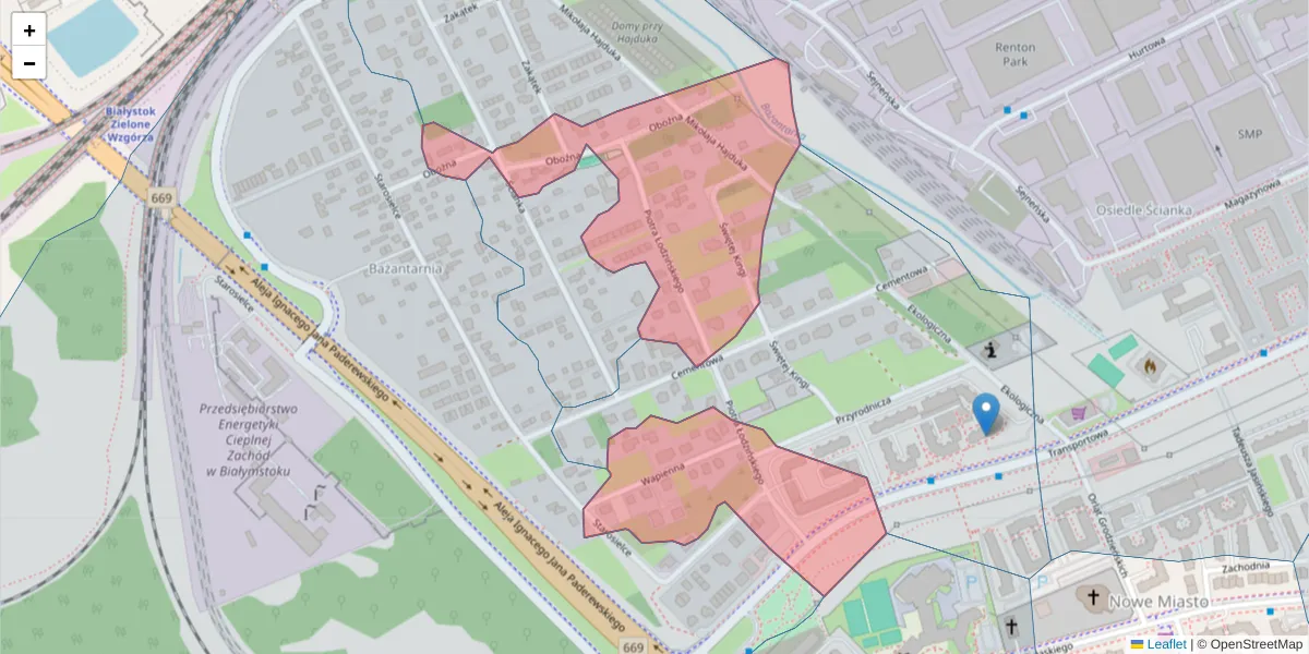 Szczegółowa mapa kodu pocztowego 15-672 z granicami, sąsiednimi kodami pocztowymi i urzędami pocztowymi