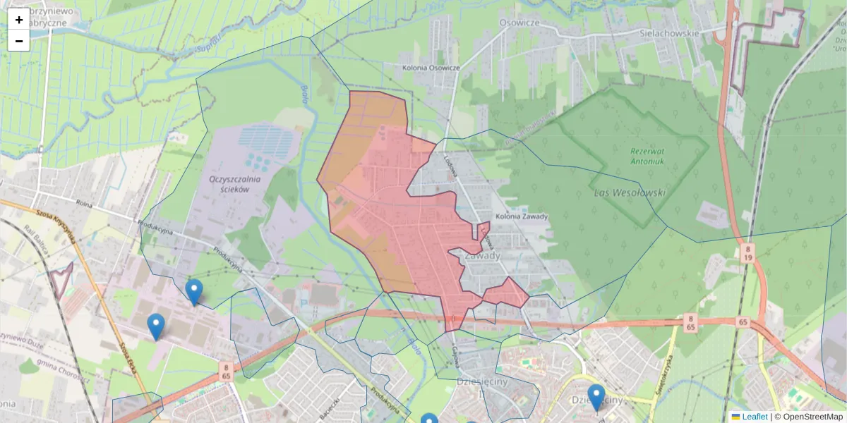 Szczegółowa mapa kodu pocztowego 15-697 z granicami, sąsiednimi kodami pocztowymi i urzędami pocztowymi