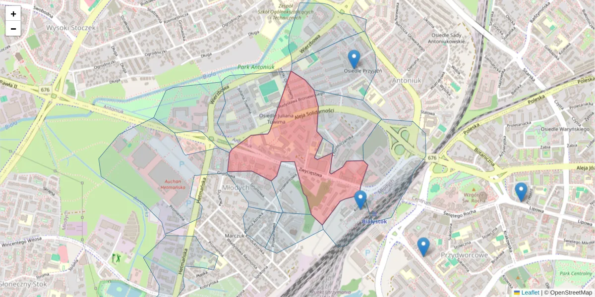 Szczegółowa mapa kodu pocztowego 15-703 z granicami, sąsiednimi kodami pocztowymi i urzędami pocztowymi