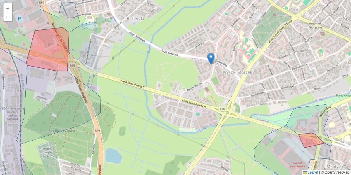 Szczegółowa mapa kodu pocztowego 15-704 z granicami, sąsiednimi kodami pocztowymi i urzędami pocztowymi