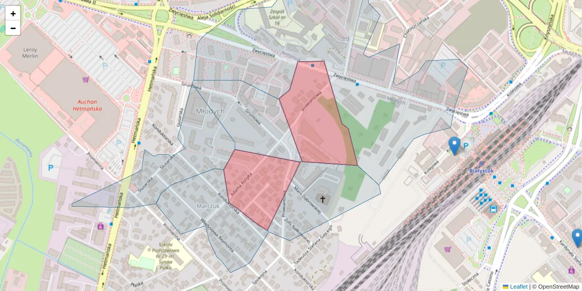 Szczegółowa mapa kodu pocztowego 15-707 z granicami, sąsiednimi kodami pocztowymi i urzędami pocztowymi