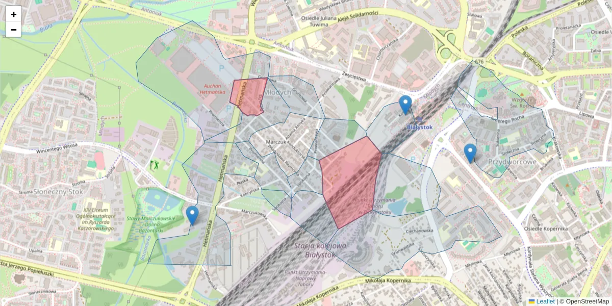 Szczegółowa mapa kodu pocztowego 15-711 z granicami, sąsiednimi kodami pocztowymi i urzędami pocztowymi