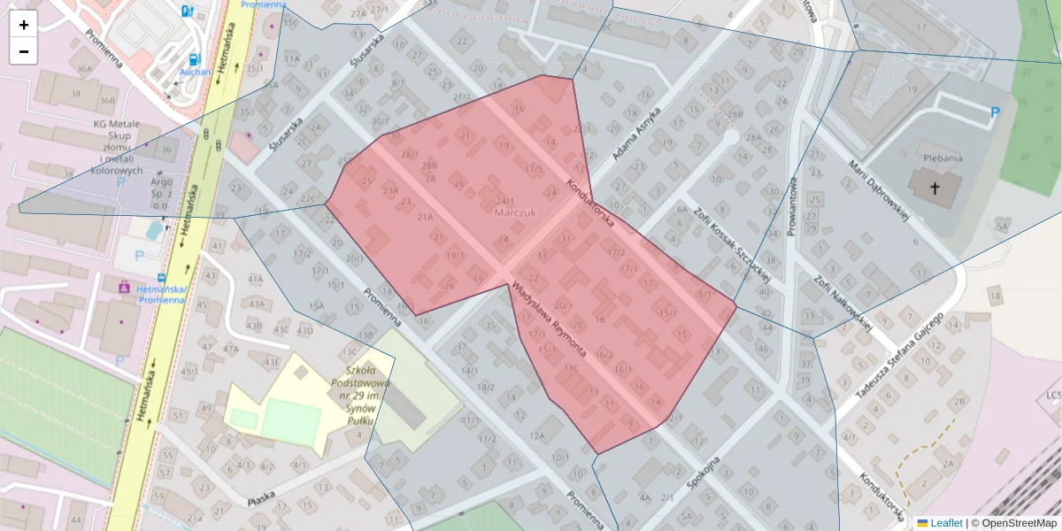 Szczegółowa mapa kodu pocztowego 15-717 z granicami, sąsiednimi kodami pocztowymi i urzędami pocztowymi