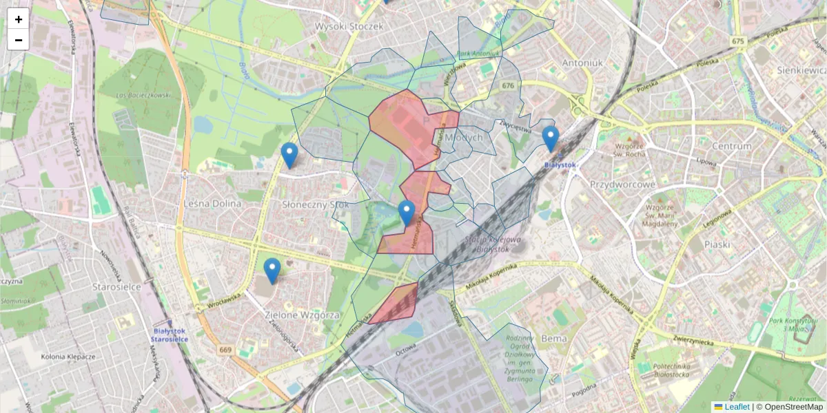 Szczegółowa mapa kodu pocztowego 15-727 z granicami, sąsiednimi kodami pocztowymi i urzędami pocztowymi