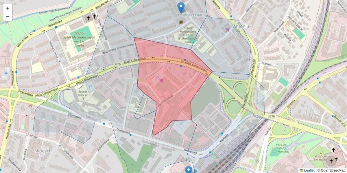 Szczegółowa mapa kodu pocztowego 15-732 z granicami, sąsiednimi kodami pocztowymi i urzędami pocztowymi